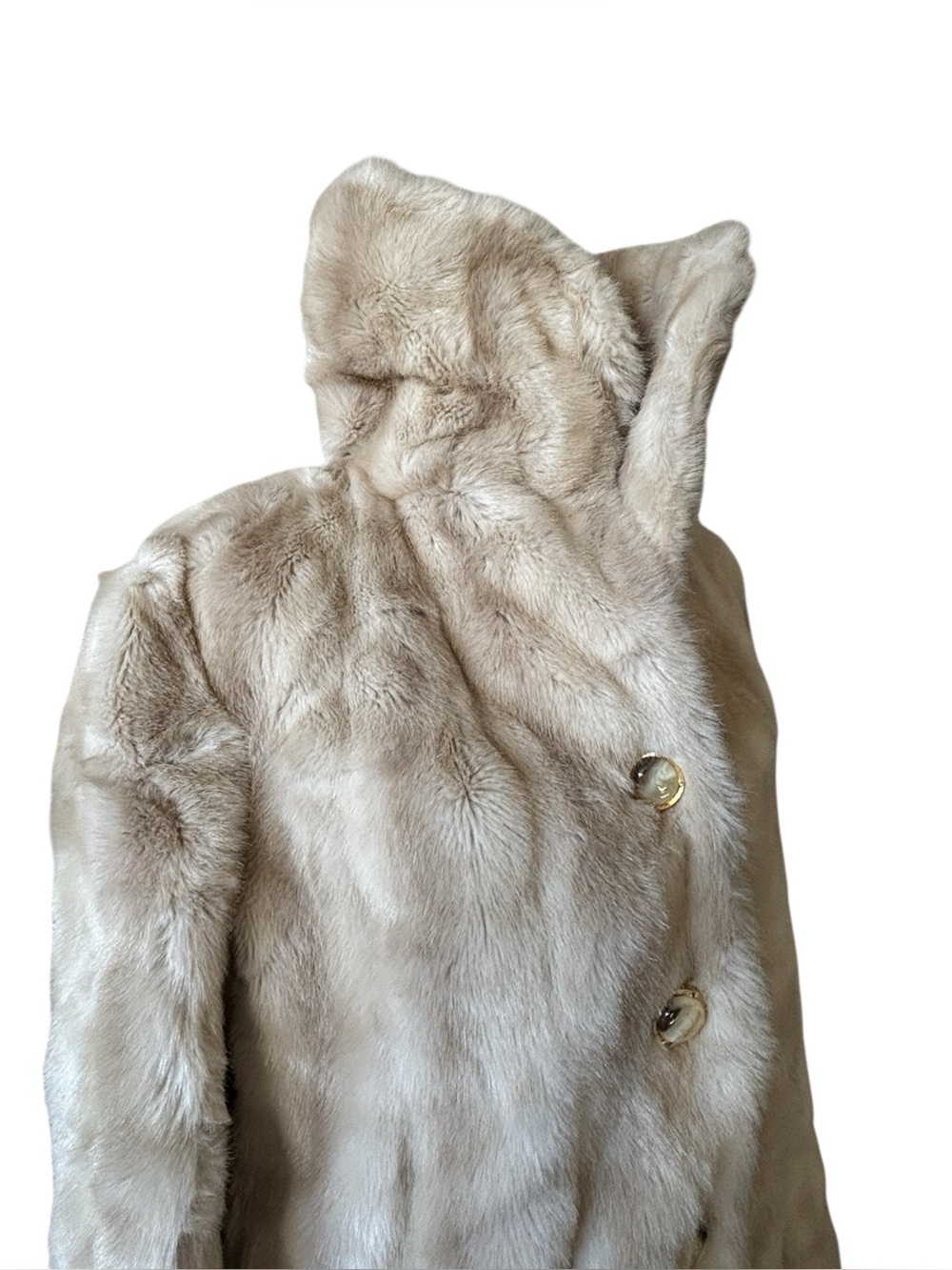 Vintage Sterling Stall Tissavel Faux Fur Coat Taupe Gold Tone Buttons